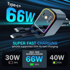 Fast 60W Car Charger with Starlight Roof – 4-in-1 Retractable USB-C Adapter, Dual USB Ports – Compatible with iPhone & Android