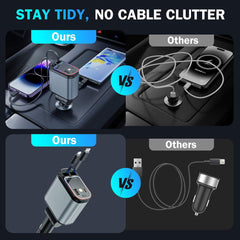 Fast 60W Car Charger with Starlight Roof – 4-in-1 Retractable USB-C Adapter, Dual USB Ports – Compatible with iPhone & Android