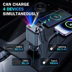 Fast 60W Car Charger with Starlight Roof – 4-in-1 Retractable USB-C Adapter, Dual USB Ports – Compatible with iPhone & Android
