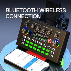 F009 Professional Live Sound Card – Wireless Bluetooth Audio Mixing Sound Mixer | Radio Console Amplifier for PC, Laptop, and Phone | Ultimate Tool for Broadcasting, Recording, and Live Streaming